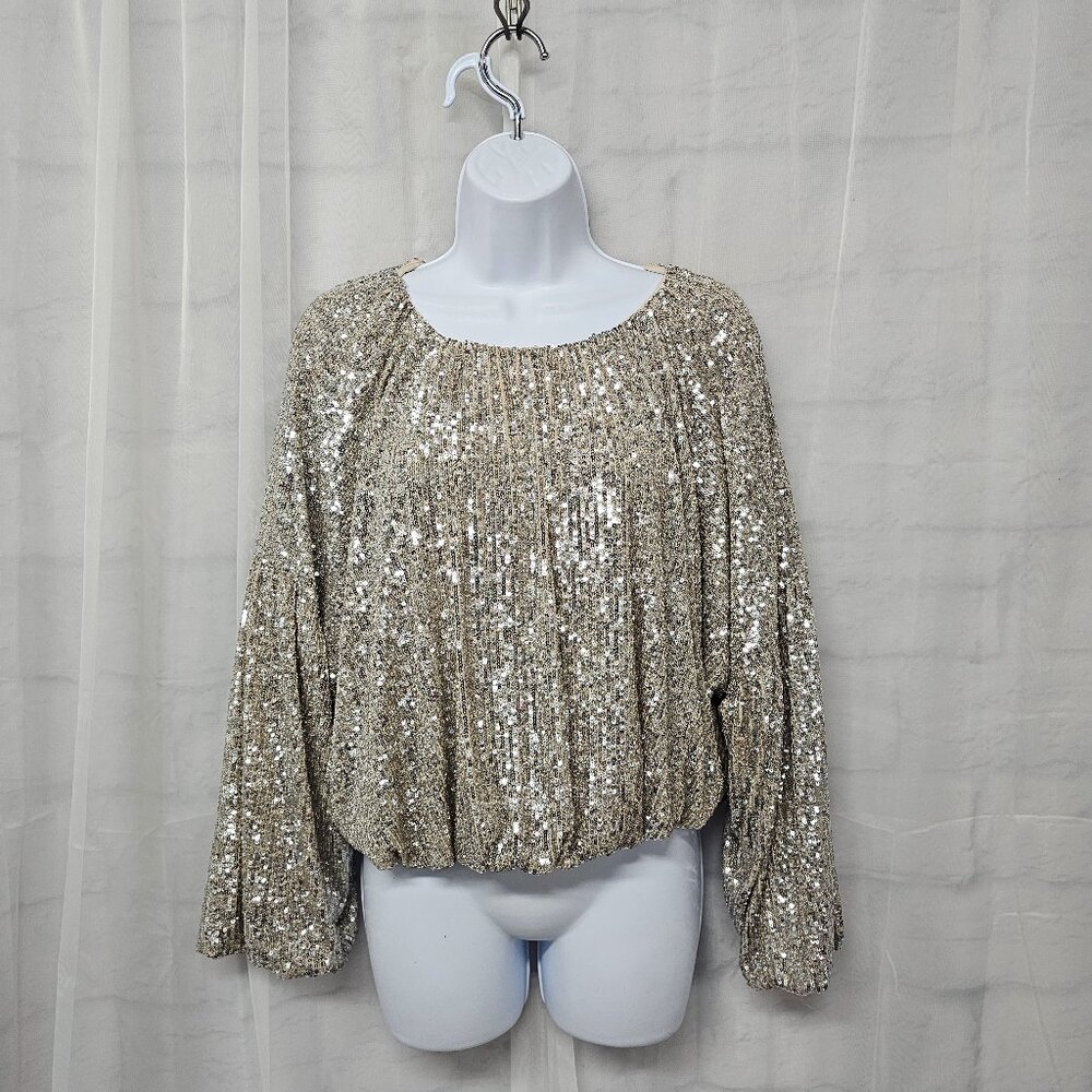 Gianni Bini Blouse Sequins Silver Glam Club Party Formal S